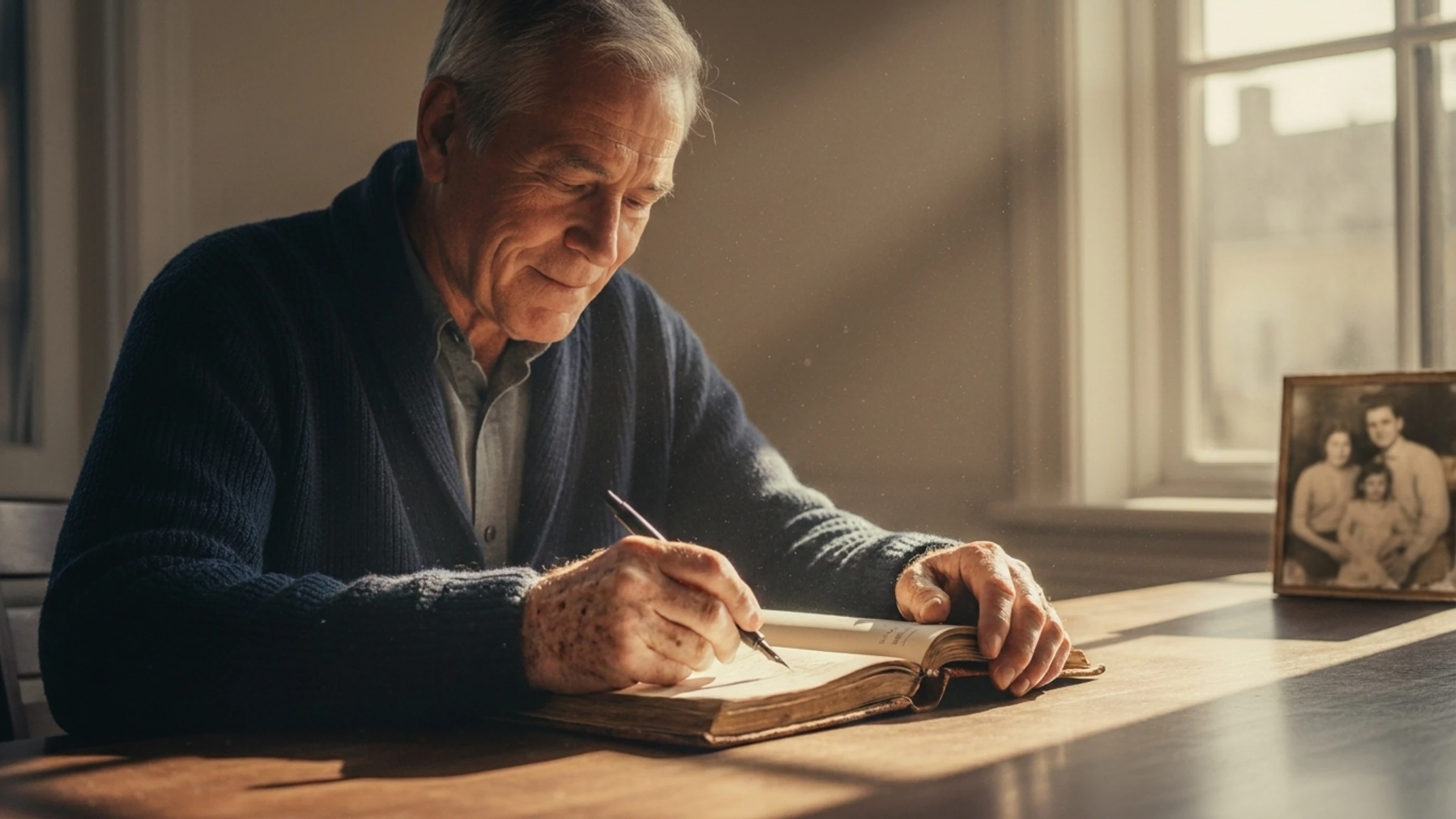 A man in his early 70s writes in a leather journal at a sunlit desk, with a family photograph behind him.