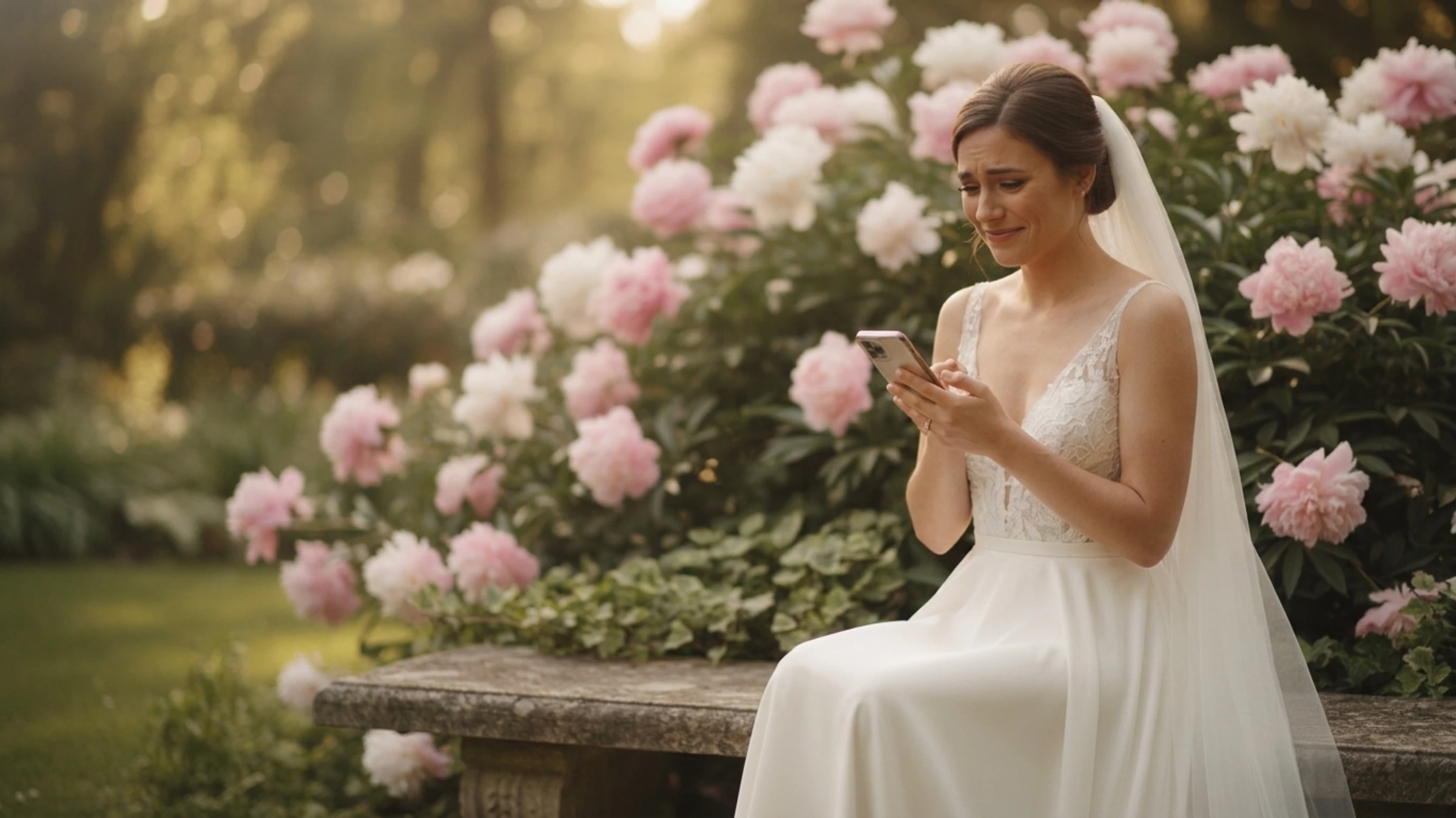 A young woman in a wedding gown sits alone on a garden bench, watching a video on her phone, her expression caught between laughter and the verge of happy tears.
